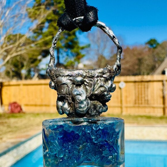 Repurposed VINTG Perfume Glass Bottle Pendant Necklace w Rustic Silver Metalwork - Picture 8 of 15